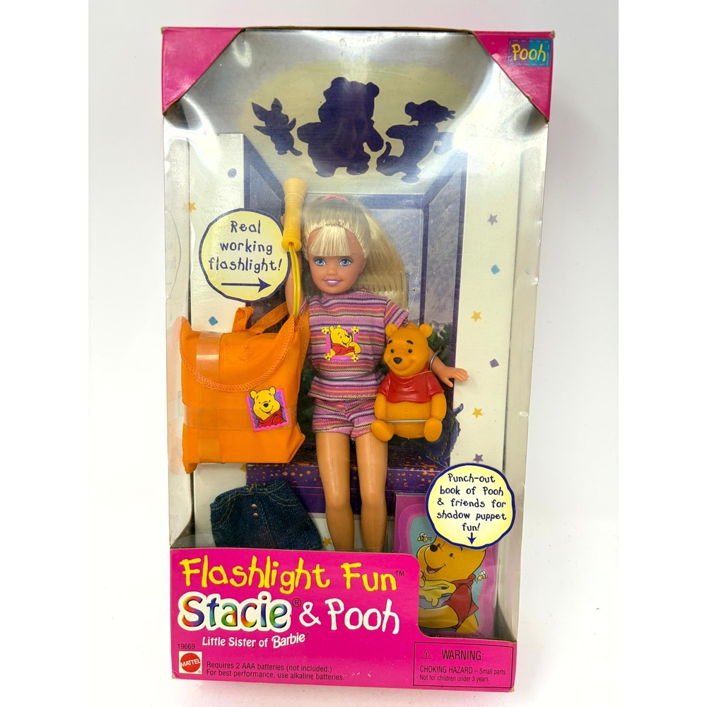 Vintage 1997 Mattel Flashlight Fun Stacie & Pooh Barbie Sister Doll 19669 NIB